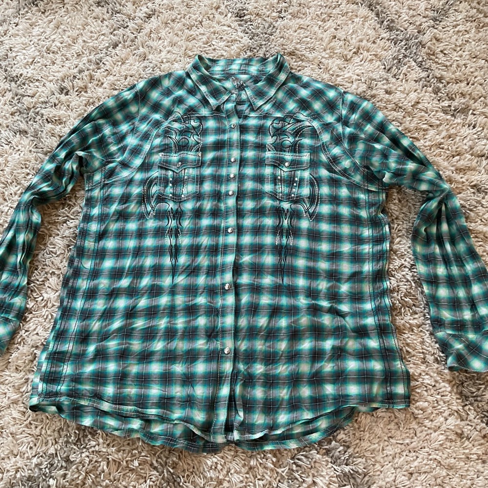 Rock 47 by Wrangler Womens‎ XXL Green Plaid Western Snap Shirt Rhinestone Tribal